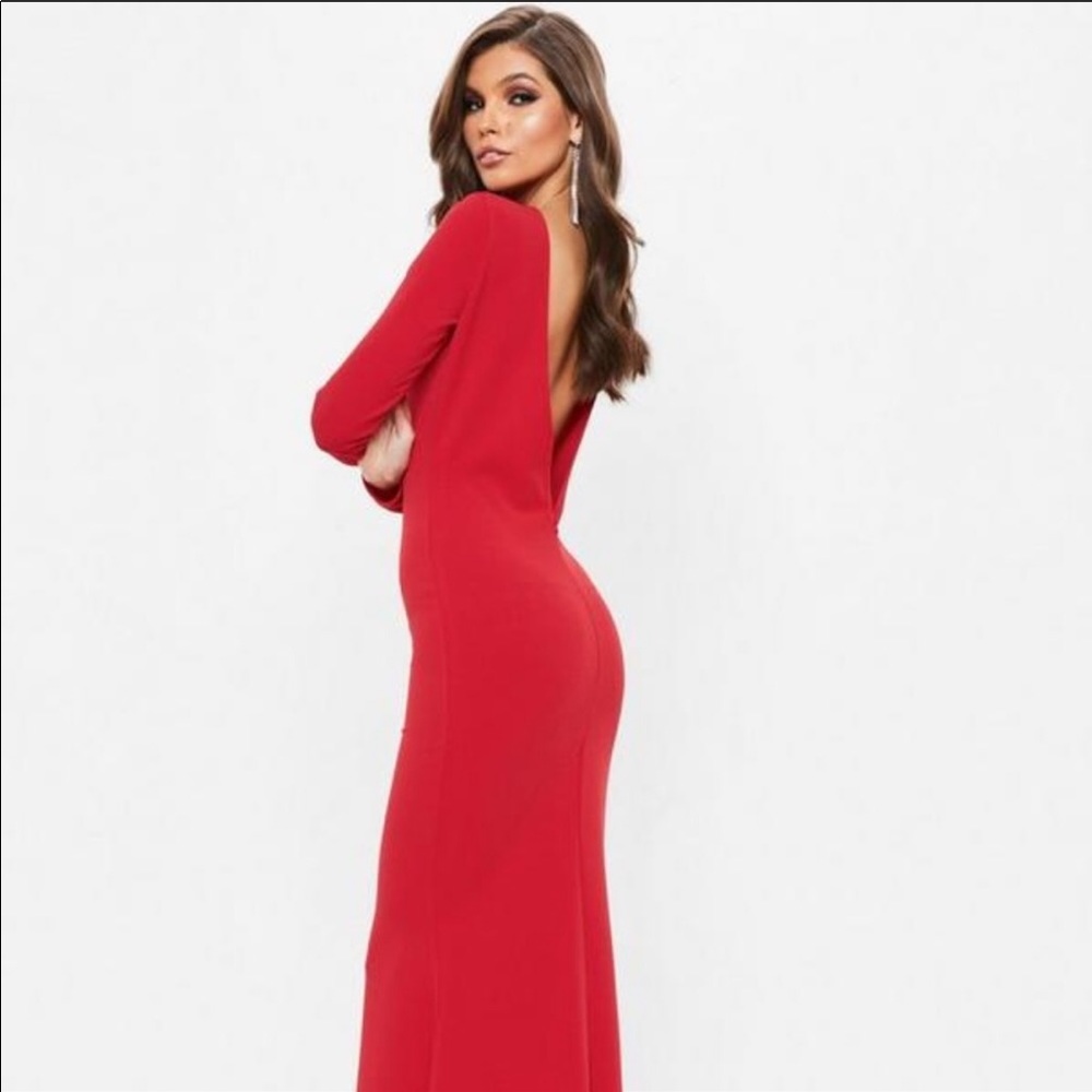 Red long sleeve open back mermaid maxi dress